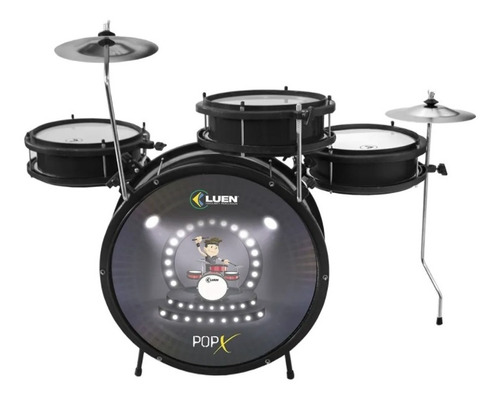 Bateria Infantil Luen Pop X Preto Com Banco + Baquetas