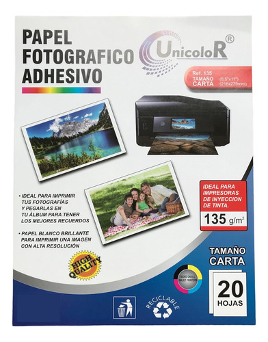 Papel Fotográfico Adhesivo Brillante Carta 135g X 20 Hojas Color Blanco