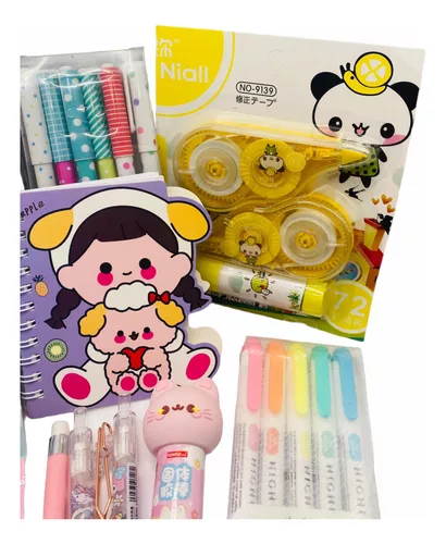 Kit Completo Papelería Kawaii Gato Verde Escolar