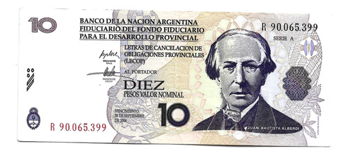 Liquido Excelente Billete Argentina 10 Lecop Reposición