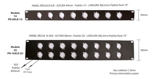 Painel Régua 1u 8 Conectores Xlr Canon - Padrão Rack 19