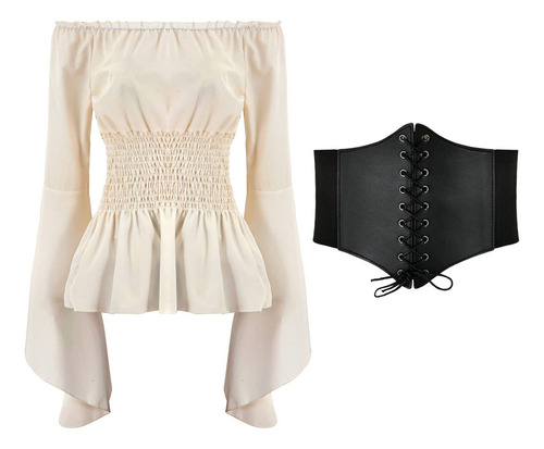 I Blusa Renacentista Para Mujer, Corsé Con Cinturón,