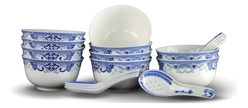 10 Piezas Porcelana Fina Azul Y Blanco Cuenco, Gratuita...