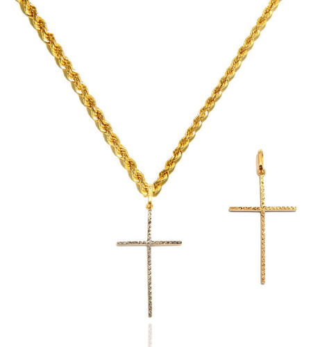 Cordão Baiano Colar Com Pingente De Cruz Palito Ouro 18k