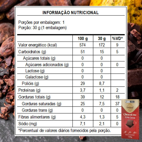 Chocolate Chocolow 70% Cacau Zero Lactose 30g Kit Com 10