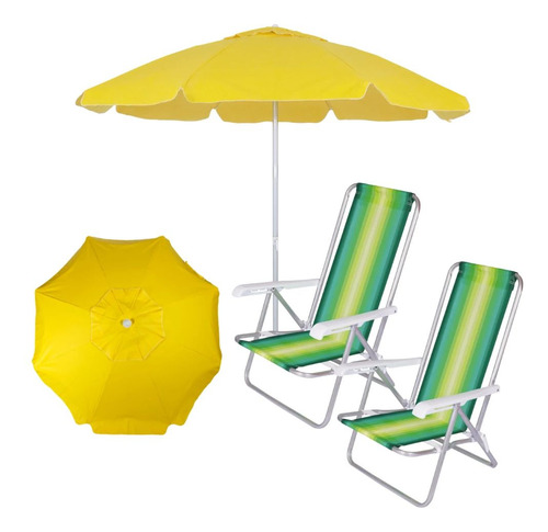 Kit Praia Guarda Sol Amarelo Bagum 1,60 M + 2 Cadeiras