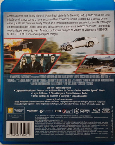 Need For Speed Blu-ray Aaron Paul Dominic Cooper (Usado)