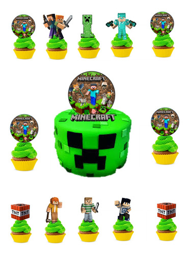 Pack Topper De Torta Y 12 Topper Para  Cup Cake Minecraft 