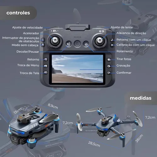 Drone Gt8 Câmera Dupla 4k Profissional Com Controle Com Tela Fpv, Longo Alcance, Desvio Inteligente De Obstáculos, Baterias Inclusas E Bag Completa Cinza