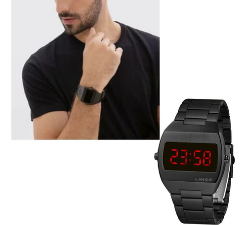 Relógio Lince Masculino Preto Quadrado Led Mdn4620l Vxpx