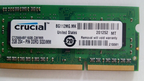 Imagen 1 de 3 de Memoria Crucial 2gb De Laptop Ddr3-1600mhz- Sodimm