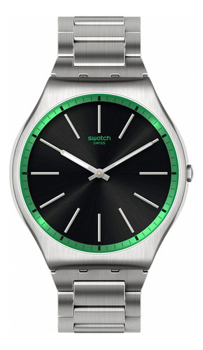 Reloj de pulsera Swatch Ss07s128g, analógico, para hombre, fondo negro, con correa de acero inoxidable color plateado, bisel color verde y mariposa