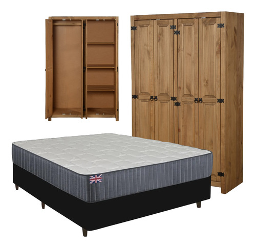 Combo Sommier 2 Plazas + Armario Ropero Madera Maciza Closet