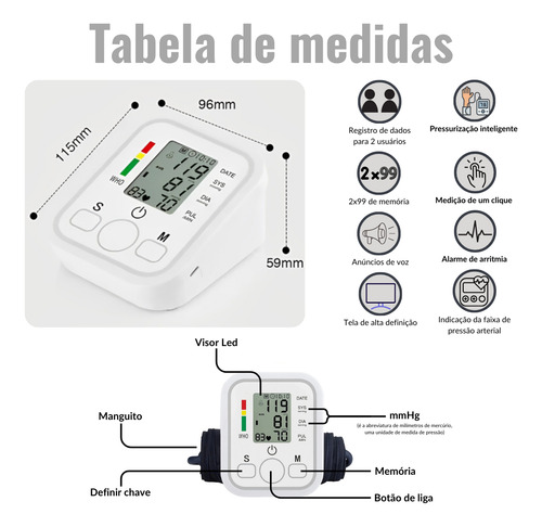 Monitor Aferidor Pressão Digital Automático Braço Tela Lcd