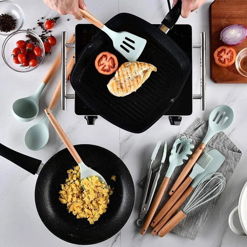 Utensilios De Cocina Mango De Silicona Y Madera 12 Set