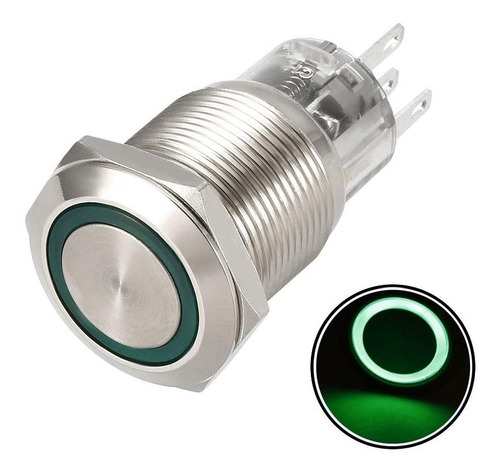Imagen 2 de 10 de Boton Pulsador De Metal Led Con Retención - 16mm Verde