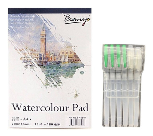 Imagem 1 de 4 de Bloco Desenho Aquarela Bianyo A4 + 06 Water Brush Variados