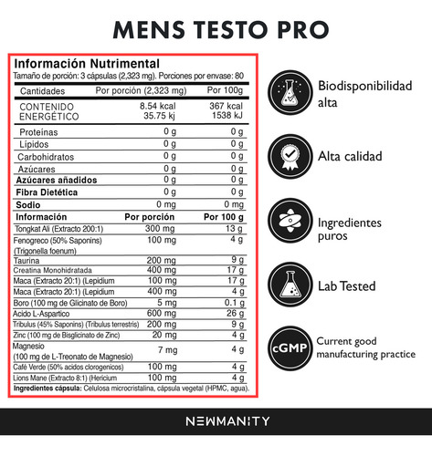 Mens Testo Pro Testosterona 11 En 1 - Newmanity 240 Caps Sabor Sin Sabor