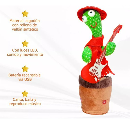 Juguete Cactus Bailarín Con Música Baila Canta Y Repite Voz Gorro Rojo- Guitarra