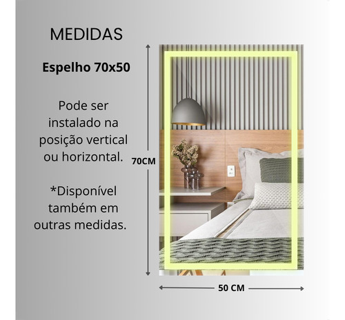 Espelho Retangular Touch Jateado Com Led 70x50 Moderno Luxo Neutro