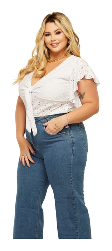 Calça Jeans Plus Size Feminina Wide Leg 44 A 50 Cintura Alta