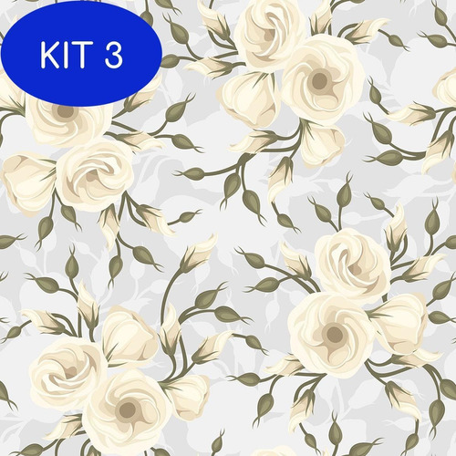 Kit 3 Papel De Parede Floral Cinza Detalhe Off White E Verde