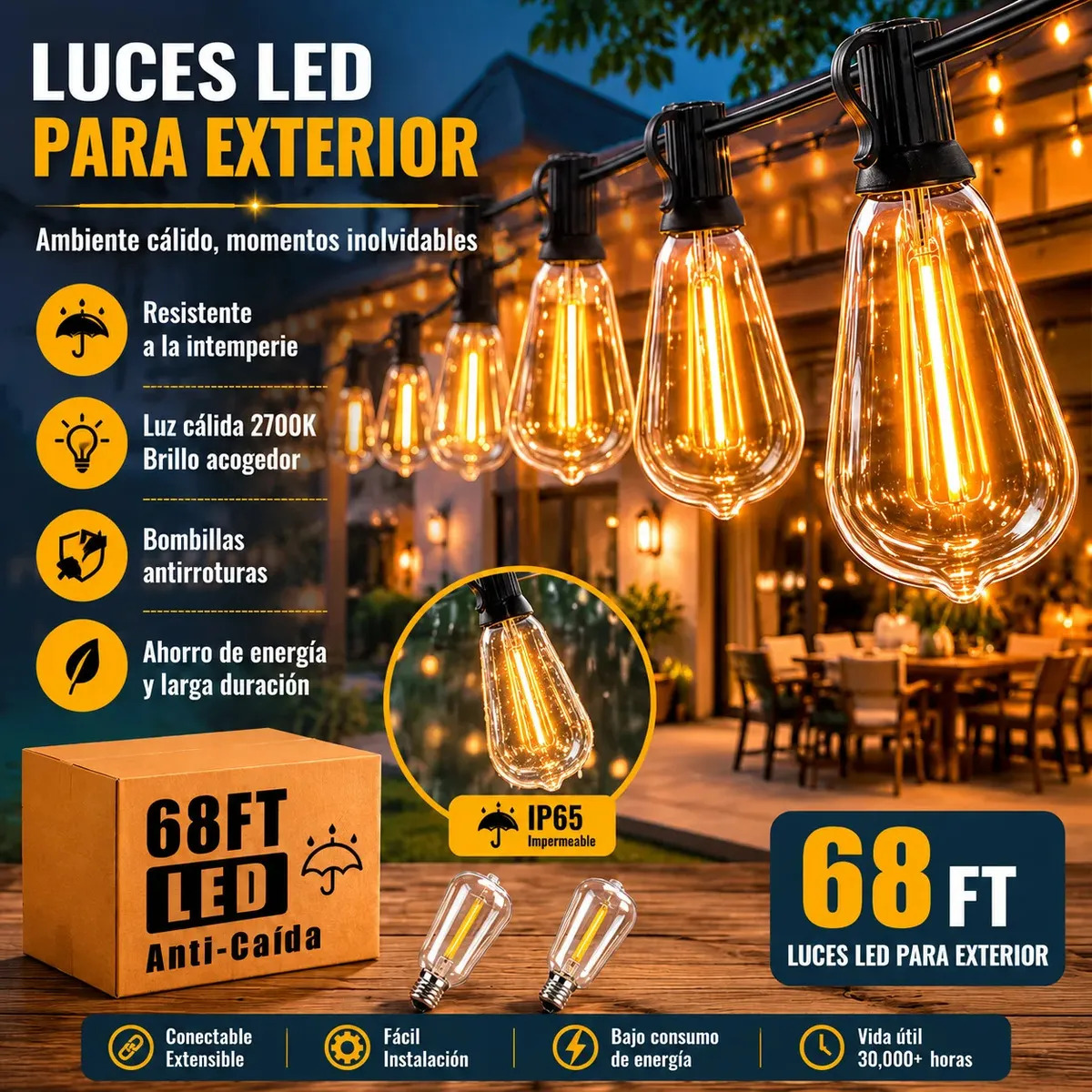 SHILIUKUKE 20m Led Guirnalda De Luces 20+2 Focos Led Vintage Ip65 Impermeable, Blanco Cálido, Serie Luz Vintage Decorativas Para Interior/exterior