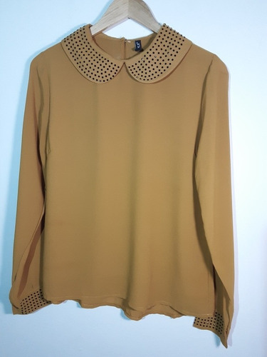 Imagen 2 de 10 de Blusa Color Mostaza Italiana Con Brillos Manga Larga Talla M