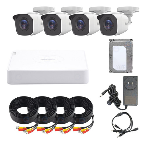 Kit 4 Camaras Hilook 1080p Dvr Cables 20m 500gb 2 Mpx Metal Color Blanco