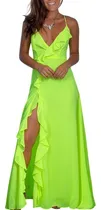 Comprar Vestido Largo Verde Con Abertura Y Volantes