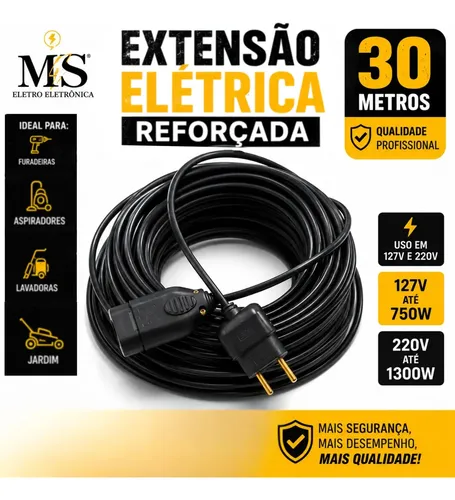 Extensão Elétrica 30 Metros Reforçada 10a/20a Obra Profissional Ms Eletro Eletrônica Preto 127/220v
