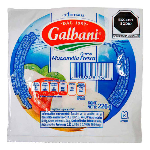 Queso Mozzarella Galbani Fresco 226g