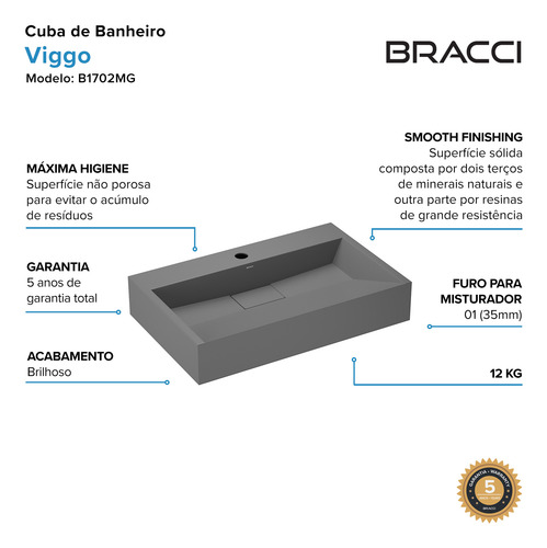 Cuba De Banheiro Viggo 60cm Chumbo Fosco