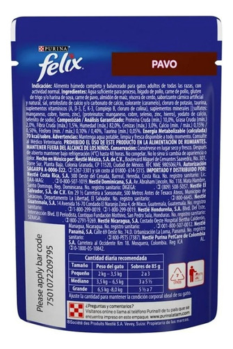 Sobres Para Gato Felix Alimento Premios Sabor Pavo 36x85g