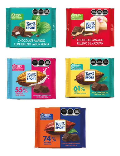 Chocolate Ritter Sport Selección Amargos 5 Pz 100 G C/u