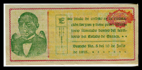 Billete 1 Peso Estado De Oaxaca Juárez Año 1915 (Usado)