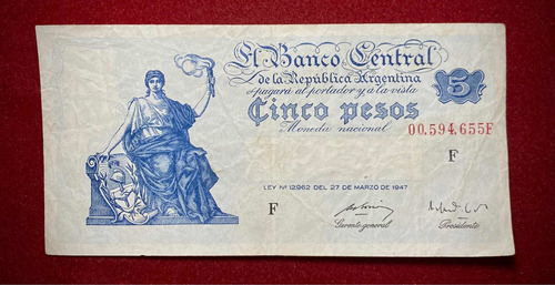 Billete 5 Pesos Argentina 1949 Bottero 1859 Serie F 