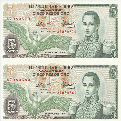 Colombia Dúo Números Consecutivos 5 Pesos 20 Julio 1977