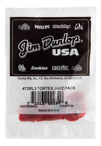 Dunlop 472rl3 L3 Unidades Tortex Jazz Picks 36, Color Rojo