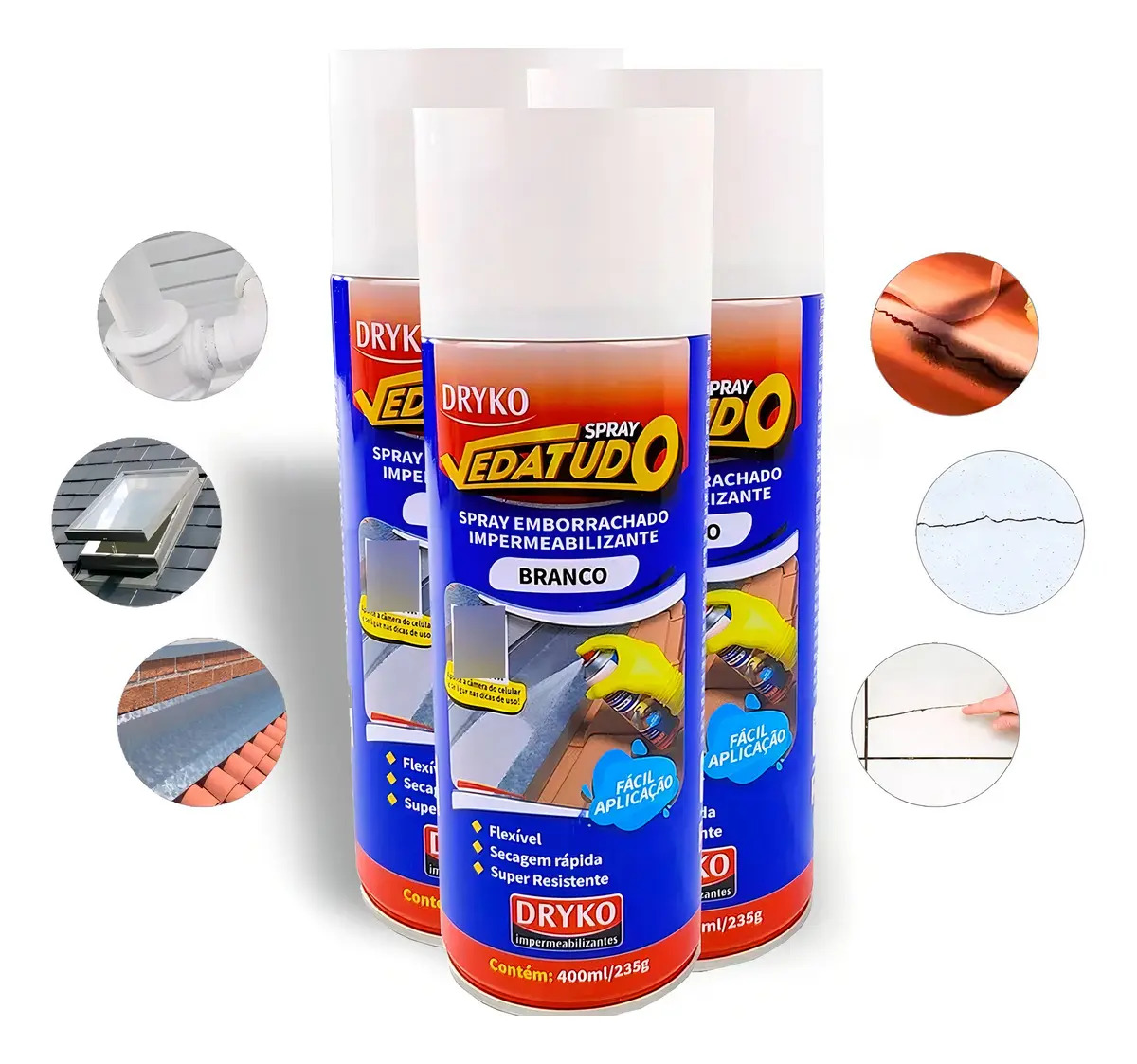Spray Borracha Líquida Dryko Impermeabilizante Branco 400ml Kit 3 Unidades