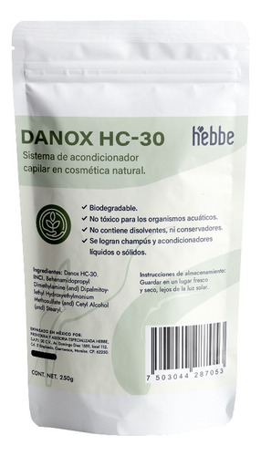 Danox Hc-30 uso en Acondicionador Solido Artesanal o Emulsionante cationico Hebbe Cosmetics & Ludika 250g