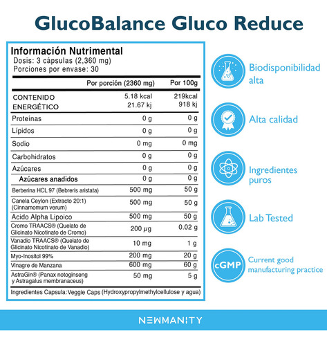 Glucobalance Glucoreduce Berberina Canela Newmanity 180 Caps Sabor Sin Sabor