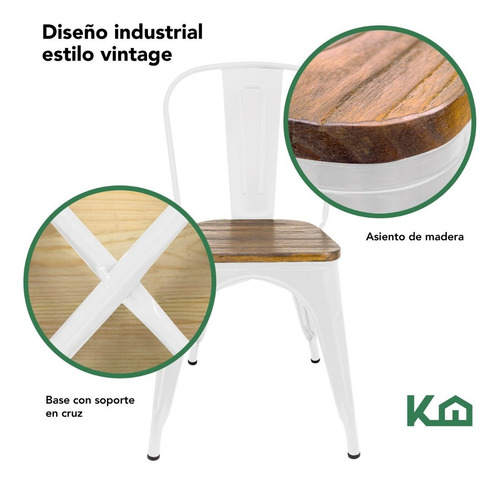 Set De 2 Sillas Tolix Estructura De Acero Asiento De Madera Vintage Exterior Color Blanco KingsHouse