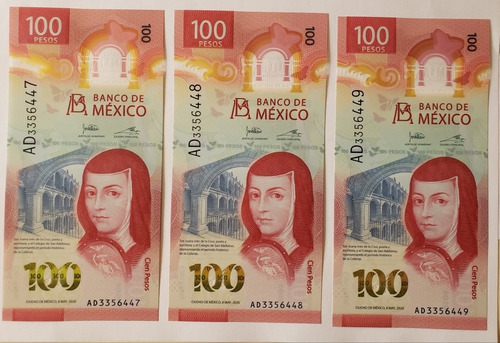 Mexico 2020 : Sor Juana Ines 100 Mxn Set 3 Consecutivos S/c