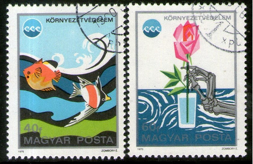 Hungría 2 Sellos Usados Expo Oceanográfica Okinawa Año 1975 