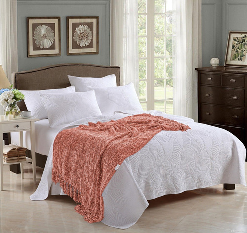 Imagen 2 de 3 de Pie De Cama Manta Tejida Chenille Importada - Usa - Coral