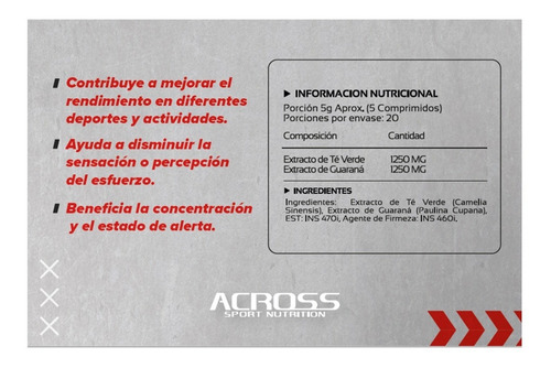 Suplementos Across - Energy Plus - Cafeina - 100 Comprimidos