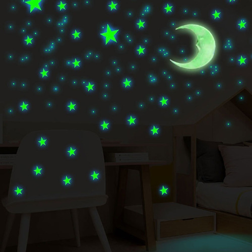 100 Estrellas Luna Stickers Neon Fosforescente Brilla Noche