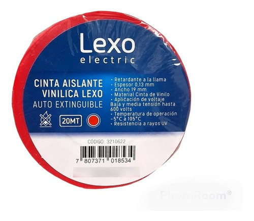 Cinta Aisladora Lexo Electric Autoextinguible 20 Mt Roja