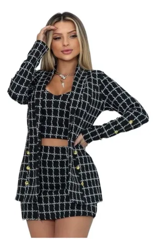 Blazer Cropped E Short Saia Xadrez Conujunto 3 Peças 2024
